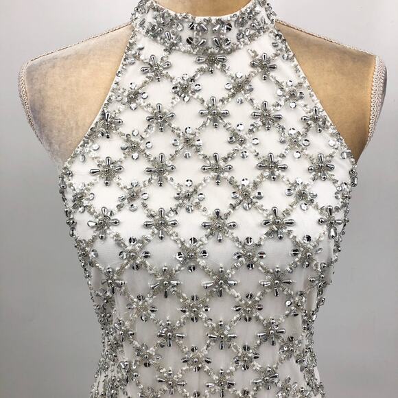 LIV FOSTER Sequin Beaded Halter Dress Size 6 Ivory Bead Fringe Trim NWT FLAW - Picture 6 of 16